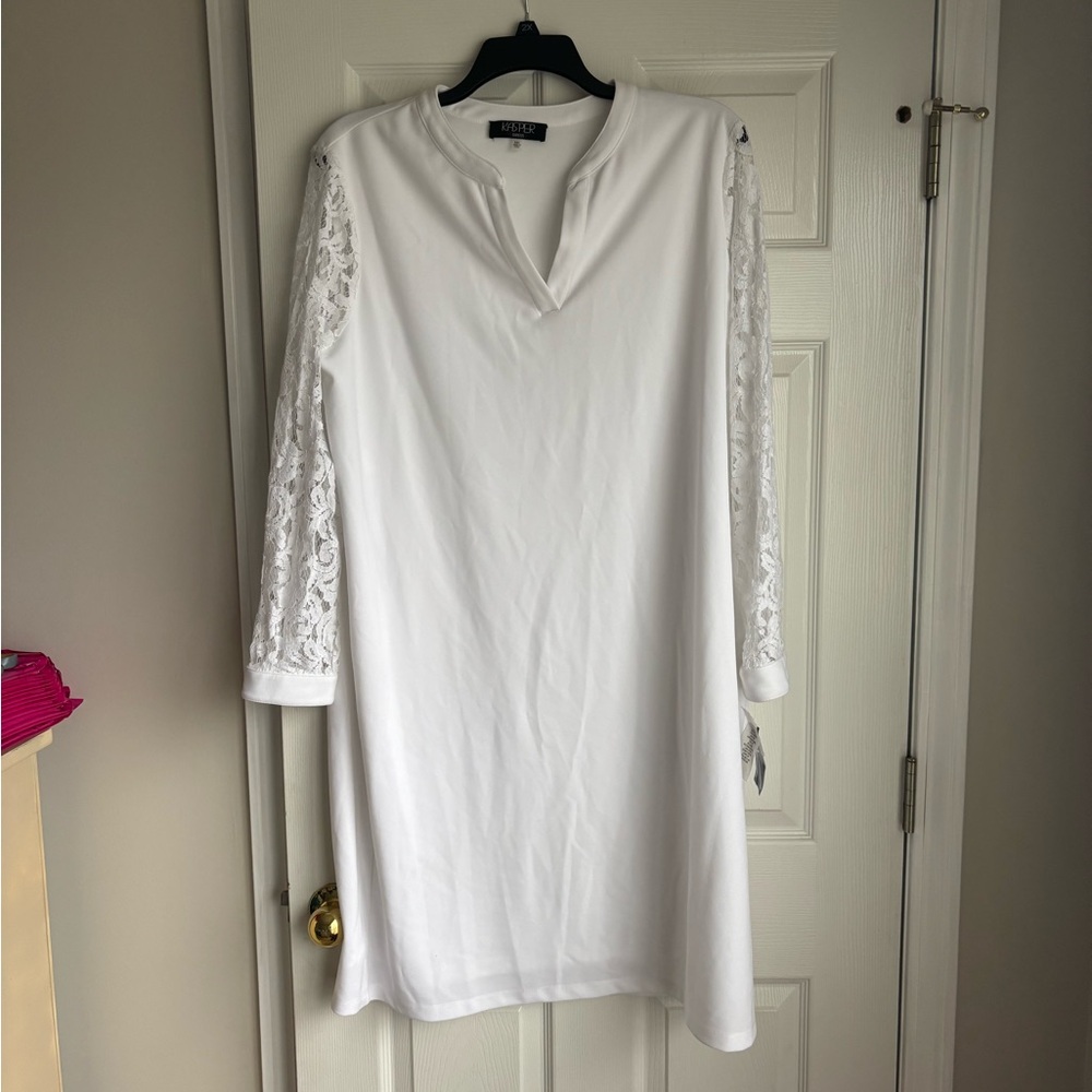 Kasper White Long Sleeve Dress with Lace Detail